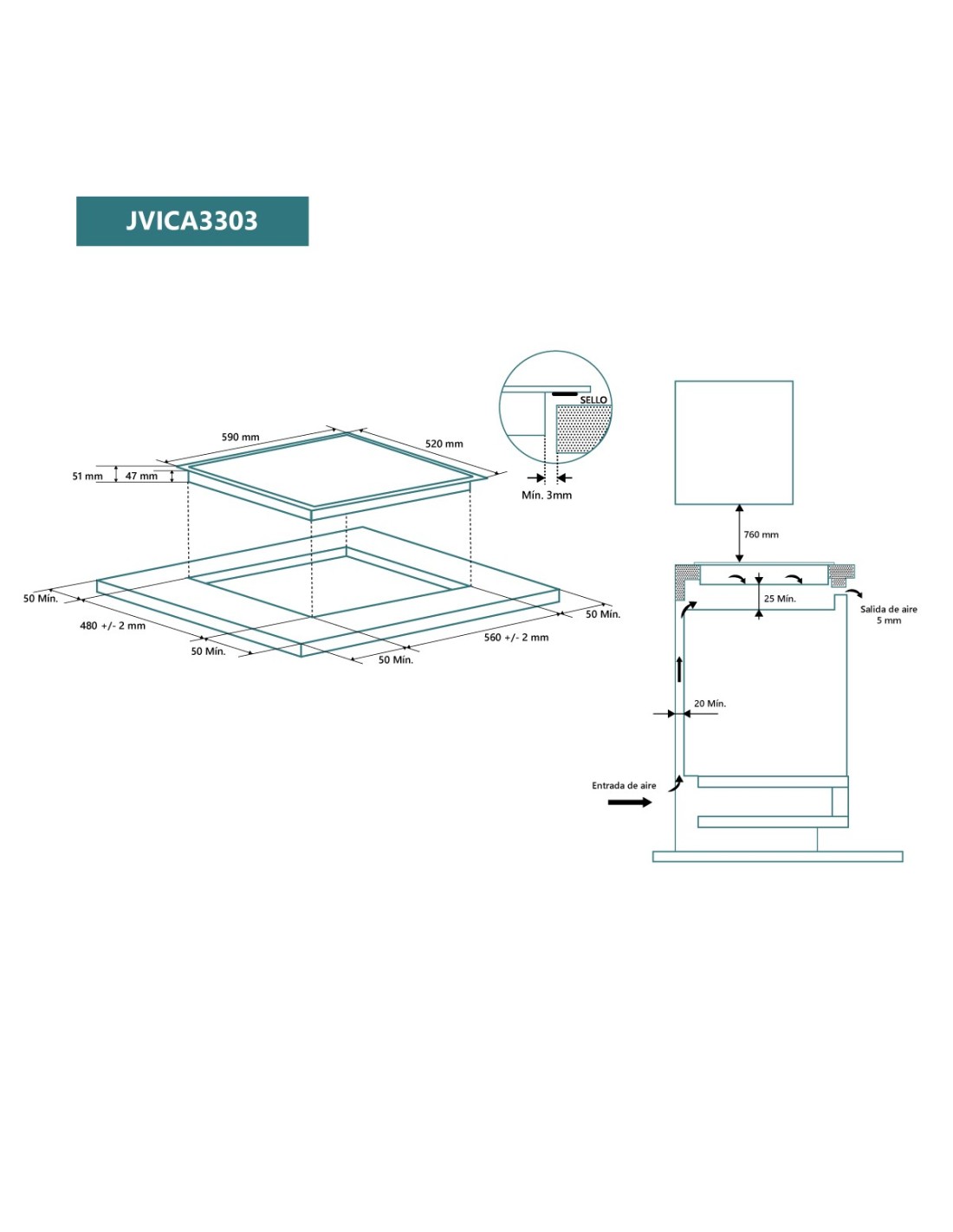 Vitrocerámica Johnson JVICA3303 de 60 cm, 3 zonas y control táctil deslizante - Imagen 2